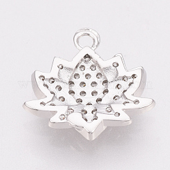 真鍮製マイクロパヴェキュービックジルコニアチャーム  蓮  ニッケルフリー  プラチナメッキ  13x13x2mm  穴：1mm&nbsp;KK-T025-07P