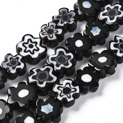 手作りミッレフィオーリガラスビーズ連売り  花  ブラック  6.4~9x3.2mm  穴：1mm  約53~56個/連  15.75''（40センチメートル）&nbsp;X-LAMP-J035-8mm-01