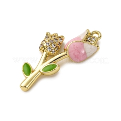 真鍮製マイクロパヴェキュービックジルコニアペンダント  花  エナメル  長持ちメッキ  ラックめっき  カドミウムフリー＆鉛フリー  18KGP本金メッキ  ピンク  25x15.5x4.5mm  穴：1.4mm&nbsp;KK-C119-18B-02