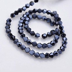 カット加工ダブルコーンメッキガラスビーズ連売り  フルヘマタイトメッキ  ミッドナイトブルー  4x4mm  穴：0.8~1mm  約75~78個/連  28~29cm&nbsp;EGLA-P016-F05
