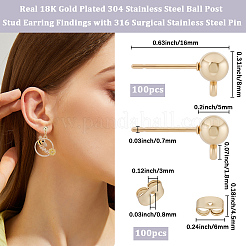 100Pcs 304 Stainless Steel Ball Post Stud Earring Findings&nbsp;STAS-BBC0008-46