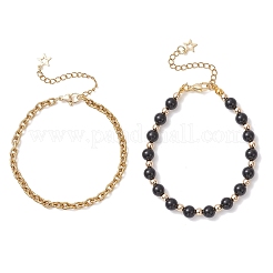 2Pcs 2 Styles Round Natural Obsidian & Synthetic Hematite Beaded Bracelets & 304 Stainless Steel Cable Chains Bracelets for Women&nbsp;BJEW-JB12800-02