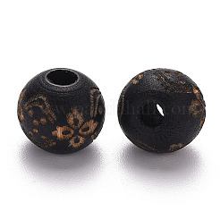 塗装天然木ビーズ  レーザー彫刻模様  花模様の丸  ブラック  10x9mm  穴：3mm&nbsp;LS-X-WOOD-N006-03A-10