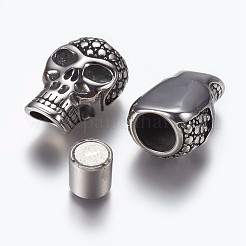304ステンレススチール製マグネット留め具、接着端付き  スカル  アンティークシルバー  28x18x15mm  穴：8mm&nbsp;STAS-E136-49