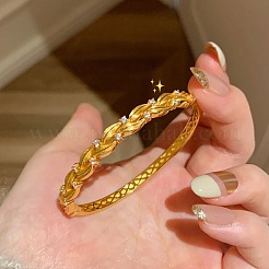 真鍮マイクロパヴェクリアキュービックジルコニアバングル（女性用）  葉  ゴールドカラー  内径：2.36インチ（6cm）&nbsp;WGC0524-02