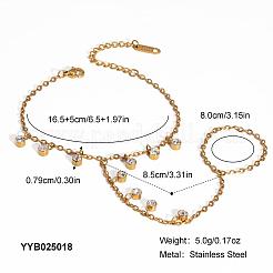 304ステンレススチールアズキチェーンフィンガーリングブレスレット  女性用フラットラウンドチャームリングブレスレット  ガラスと  18KGP本金メッキ  長さ3-3/8インチ（8.5cm）  内径：6-1/2インチ（16.5cm）  リング：80内径&nbsp;XO2335-6