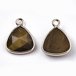 ナチュラルタイガーアイチャーム  ライトゴールドメッキ真鍮エッジとループ付き  三角形  多面カット  14x11x4mm  穴：1.5mm&nbsp;G-N326-48B