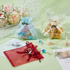 40個 4色 3Dフラワーオーガンジー巾着バッグ  キャンディ保存袋  長方形  ミックスカラー  12x10x0.01cm  10個/カラー&nbsp;OP-BBC0001-06C