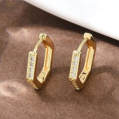 Hexagon Brass Cubic Zirconia Hoop Earrings&nbsp;EJEW-A156-15A-G