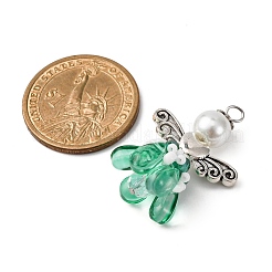ガラスチャーム  天使  合金ビーズと304ステンレス鋼ループ付き  シーグリーン  33x23.5x11.5mm  穴：3mm&nbsp;PALLOY-MZ00780-06