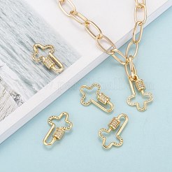 真鍮製マイクロパヴェキュービックジルコニアスクリューカラビナロックチャーム  ネックレス作り用  クイックリンク  カドミウムフリー＆鉛フリー  クロス  透明  ゴールドカラー  25x16x2mm&nbsp;KK-I657-16G