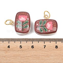 印刷された不透明なアクリルパーツ  ステンレス鋼ループ付き  ゴールドカラー  花柄のチャームが付いた長方形  18x20x8.5mm  丸カン：7x0.7ミリ  内径：5.7mm&nbsp;SACR-P036-01A-G
