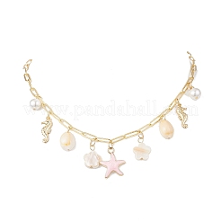 Alloy Enamel Starfish Sea Horse & Natural Shell Pendant Brass Paperclip Chain Necklaces for Women&nbsp;NJEW-JN05405-01