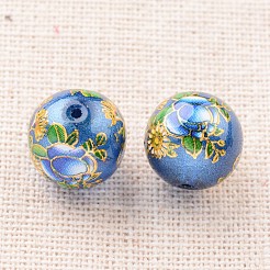 花絵プリントガラスラウンドビーズ  藤紫色  12mm  穴：1mm&nbsp;GLAA-J087-12mm-B02