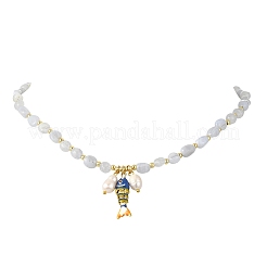 Brass Enamel Fish and Natural Pearl Rice Pendant Natural Blue Lace Agate Nuggets Beaded Necklaces for Women&nbsp;NJEW-JN06357-02
