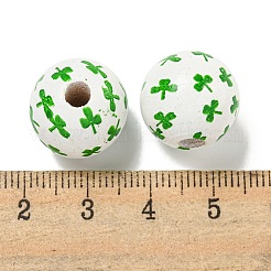 プリントウッドヨーロピアンビーズ  聖パトリックの日のビーズ  クローバー模様付きラウンド  ホワイト  15.5~16mm  穴：4~4.5mm&nbsp;WOOD-G022-01E