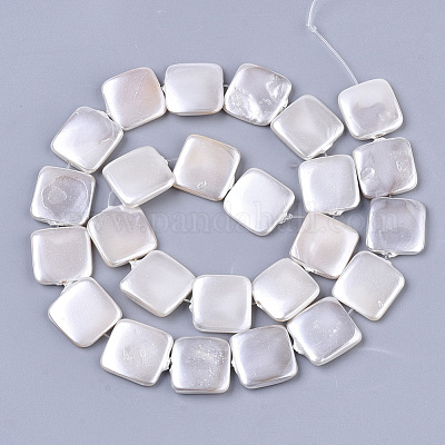 シェルパールビーズ連売り  スプレー塗装  正方形  ホワイトスモーク  14~15x14~15x3~4mm  穴：0.8mm  約25個/連  14.96インチ&nbsp;SSHEL-T011-04A-1