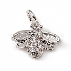 Brass Micro Pave Cubic Zirconia Charms, with Jump Ring, Cadmium Free & Lead Free, Bees Charms, Platinum, 10x12x2.5mm, Hole: 3mm