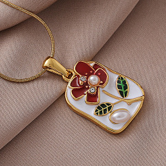 Vintage 304 Stainless Steel Enamel Flower Pendant Necklaces with Imitation Pearl for Women, Golden, Colorful, 15.75 inch(40cm)