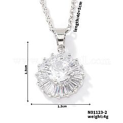 Brass Pave Cubic Zirconia Geometric Flat Round Pendant Necklaces, Silver Color Plated, Clear, 15.75 inch(40cm)