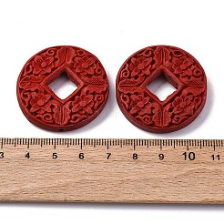 シナバービーズ  彫刻が施された漆器  花の付いたコイン  レッド  37x6mm  穴：1.6mm&nbsp;CARL-K001-16A
