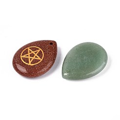 天然石&合成ミックスストーンペンダント  金の五芒星が彫られた涙型のチャーム  染めと未染色の混合  33x25x7.5~8mm  穴：1.6~1.8mm&nbsp;G-T142-46
