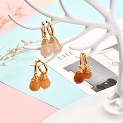 Teardrop Natural Crackle Agate Beads Huggie Hoop Earrings&nbsp;EJEW-JE04603