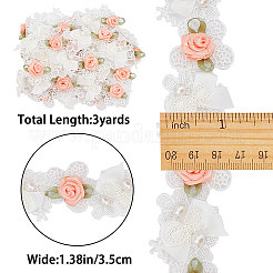 3ヤード刺繍花ポリエステルレーストリム  模造真珠ビーズ  縫製装飾工芸品  ホワイト  1-3/8インチ（35mm）&nbsp;OCOR-GF0002-54