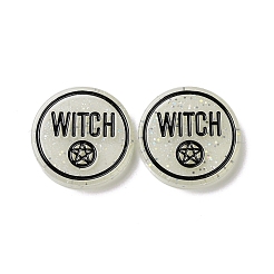 ハロウィン樹脂カボション  グリッターパウダー付き  単語魔女とフラット ラウンド  ホワイト  29.5x5mm&nbsp;RESI-G055-04B