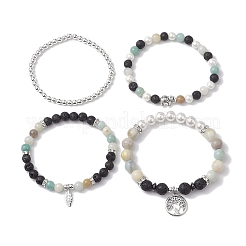 4Pcs 4 Styles 6/8mm Round Natural Lava Rock & Flower Amazonite & Shell Pearl Beaded Stackable Stretch Bracelet Sets&nbsp;BJEW-JB10333