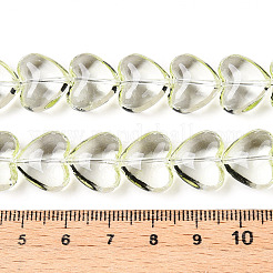 透明ガラスビーズ連売り  ハート  黄緑  12.5x14.5x8mm  穴：0.8mm  約50個/連  24.61''（62.5センチメートル）&nbsp;X1-GLAA-T023-13D