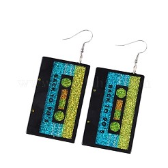 不透明アクリルテープのダングルイヤリング  グリッターパウダー付き  プラチナ  ブラック  78x33mm&nbsp;FS-WG620E7-01