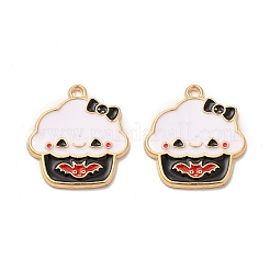 合金エナメルチャーム  コウモリとちょう結びのチャームが付いたカップケーキ  ハロウィン  ゴールドカラー  20x18.5x1.5mm  穴：1.5mm&nbsp;FIND-G055-15G