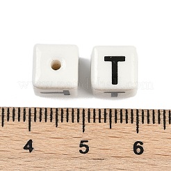 磁器のビーズ  文字のある正方形  文字t  8.5x8.5x8.5mm  穴：1.6mm&nbsp;X1-PORC-R003-08T