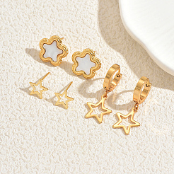 ステンレススチールの花と中空星のピアスセット3組  ゴールドカラー  30x10~15mm&nbsp;BQ9820