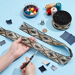 ポリエステルリボン  菱形  刺繍入りの織りリボン  スパンコール  ブラック  2インチ（51mm）&nbsp;OCOR-WH0003-082A