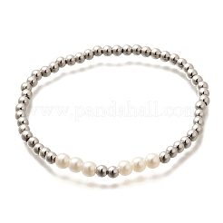 女性用真鍮ビーズストレッチブレスレット  absプラスチックパール  プラチナ  内径：2-1/8インチ（5.4cm）&nbsp;BJEW-U018-01P