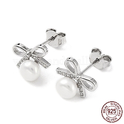 Anti-Tarnish Cubic Zirconia Bowknot with Natural Pearl Stud Earrings&nbsp;EJEW-F318-09P