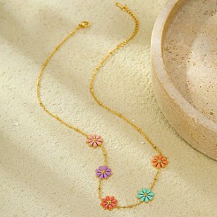 304 Stainless Seel Enamel Daisy Flower Link Chain Necklaces for Women&nbsp;NJEW-D303-01G