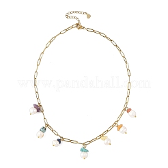 Natural Mixed Stone Chip and Pearl Tassel 304 Stainless Steel Paperclip Chain Necklaces for Women&nbsp;NJEW-JN06528-01