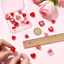 22個 9スタイル ハートテーマ 手作りガラスビーズ  混合図形  レッド  12~15x12~17x7~10mm  穴：1~2mm&nbsp;FOIL-FS0001-04