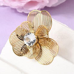 201ステンレススチール製パヴェシングルキュービックジルコニア付き調節可能なカフリング（女性用）  花  ゴールドカラー  34x34.5mm  内径：18mm&nbsp;RJEW-K318-02A-G