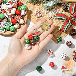 100 個 16 スタイルプリント木製ヨーロッパビーズ  大穴ビーズ  クリスマス模様テーマ  ミックスカラー  14.5~21.5x14~21x4.5~15mm  穴：1.6~4.5mm&nbsp;WOOD-CJ0002-55