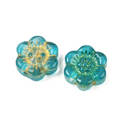 焼き付け塗料と金色の金属で覆われたガラスビーズ  花  ダークターコイズ  13x14x4.5mm  穴：1.2mm&nbsp;DGLA-T004-10H