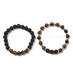 Adjustable Natural Tiger Eye and Natural Lava Rock Stretch Bracelets&nbsp;BJEW-JB14150-02