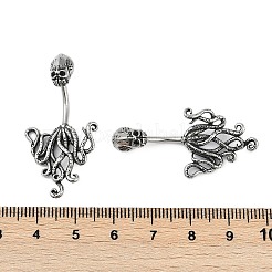 タコ 316 サージカルステンレス へそリング  へそピアス  女性用カーブバーベルボディジュエリー  アンティークシルバー  38.5x20.5mm&nbsp;EJEW-G416-07AS
