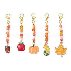5Pcs 5 Styles Thanksgiving Day Alloy Enamel & Glass Seed Leaf Pumpkin Corn Pendant Decorations&nbsp;HJEW-JM04316