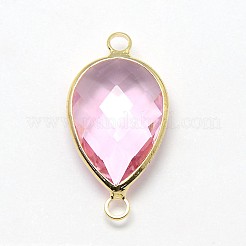ゴールデントーン真鍮ガラスティアドロップリンクコネクター  パールピンク  21x11x5mm  穴：2mm&nbsp;GLAA-J010A-HF01-G