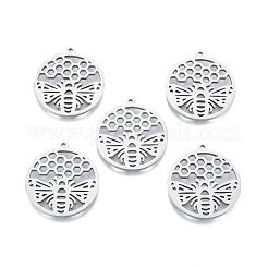 変色しない201ステンレススチールペンダント  中空のチャーム  蜂とフラットラウンド  ステンレス鋼色  27x25x1.5mm  穴：1.4mm&nbsp;STAS-B027-10P
