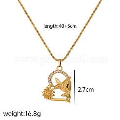 304ステンレススチール製、マイクロパヴェのクリアキュービックジルコニアハートと花鳥のペンダントネックレス（女性用）  18KGP本金メッキ  15.75インチ（40cm）&nbsp;WG05DAA-01